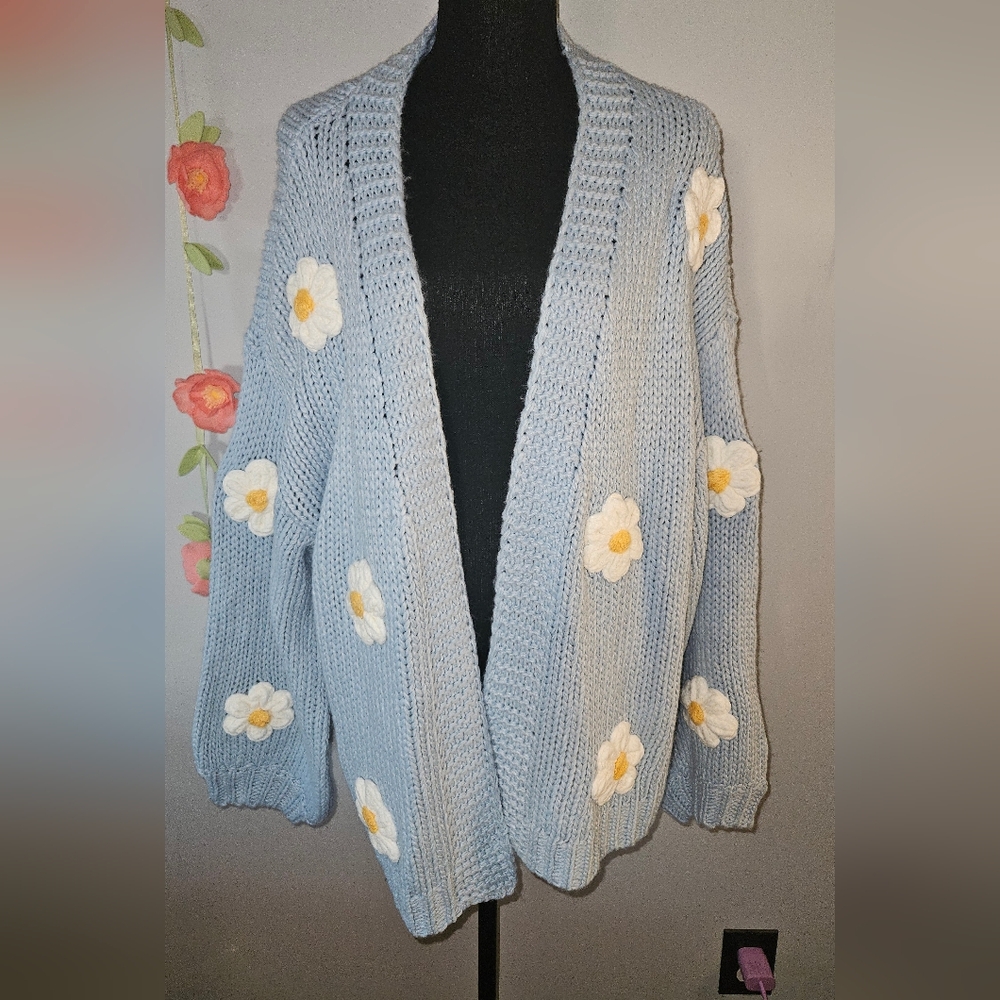 ARULA Blue Cardigan with White and Yellow Floral Accents